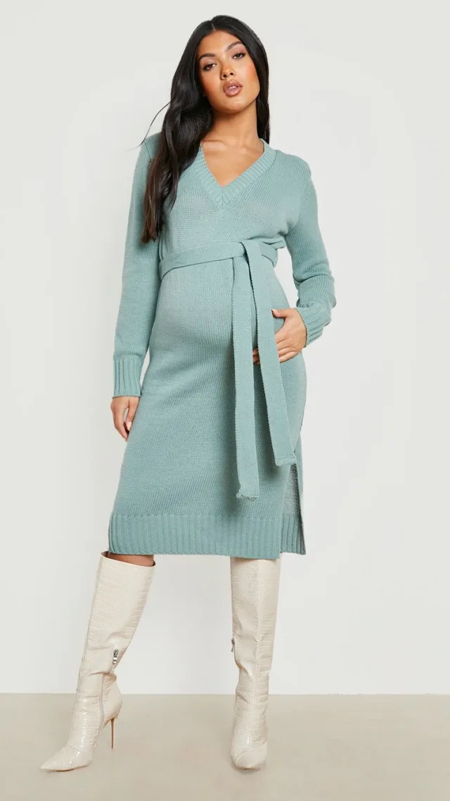 Sage Maternity V Neck Sweater Midi Dress