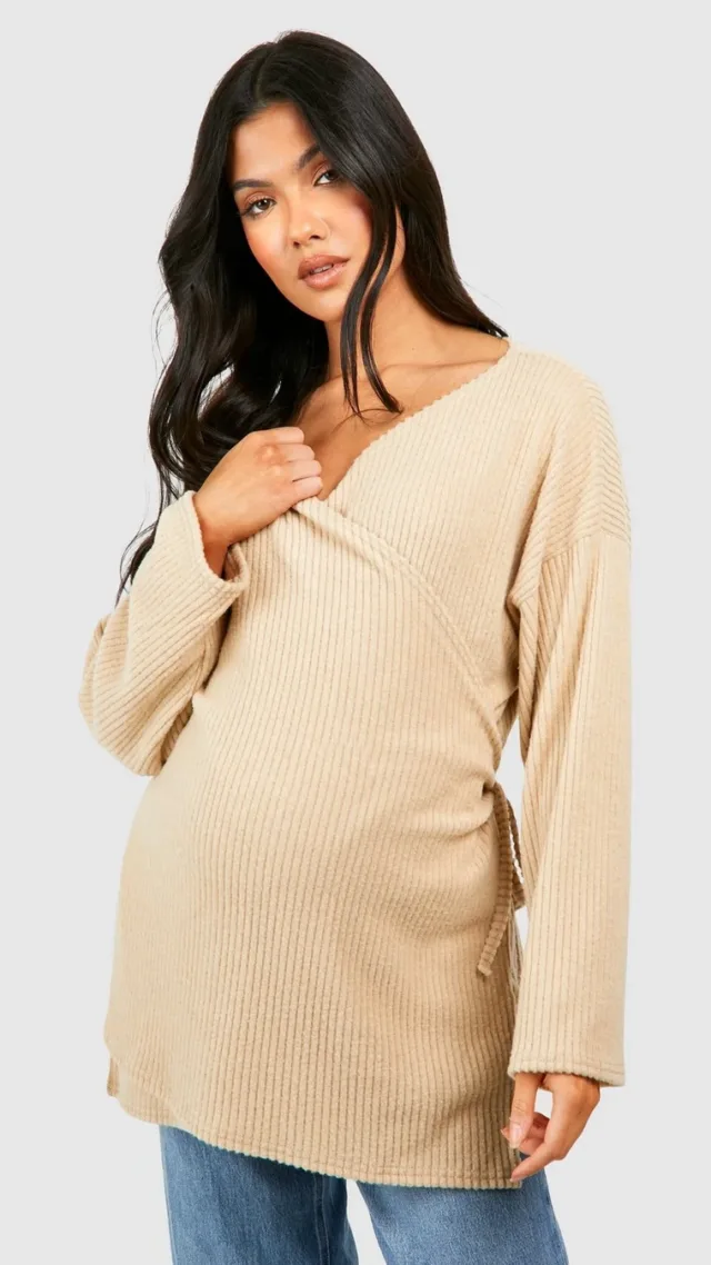 Sand Maternity Soft Rib Wrap Top