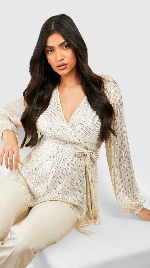 Silver Maternity Sequin Wrap Smock Top