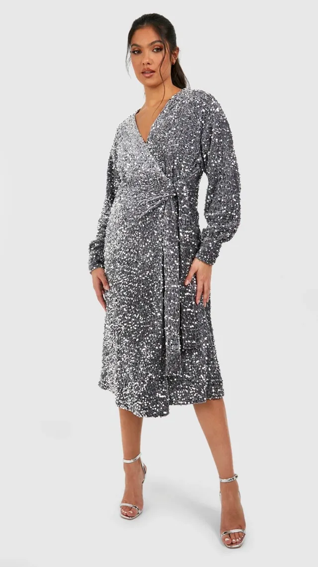 Silver Maternity Velvet Sequin Wrap Midi Dress