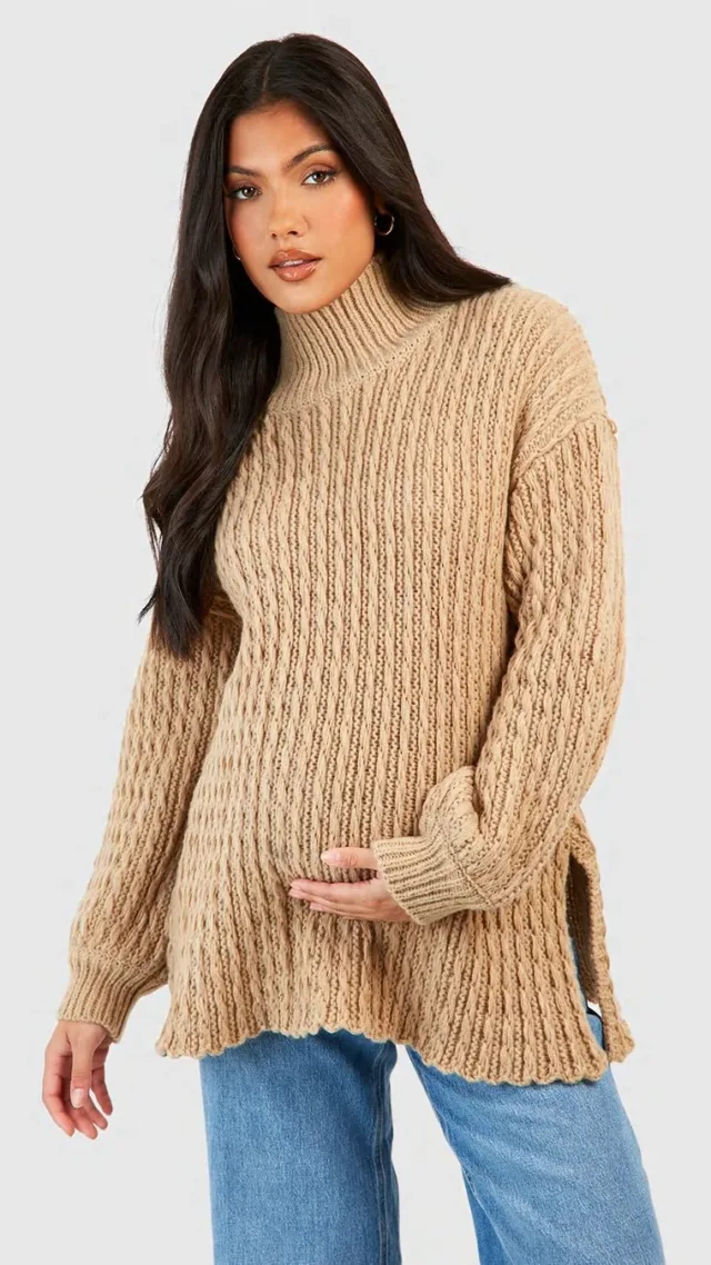 Stone Maternity Cable Knit Side Split Sweater