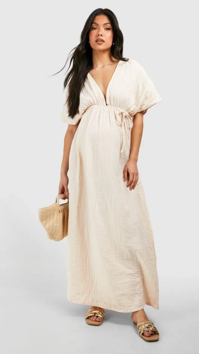 Stone Maternity Cheesecloth Belted Maxi Beach Dress