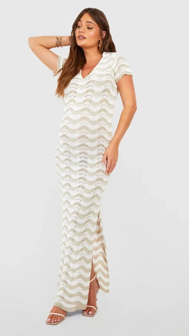 Stone Maternity Crochet Wave Collar Maxi Dress