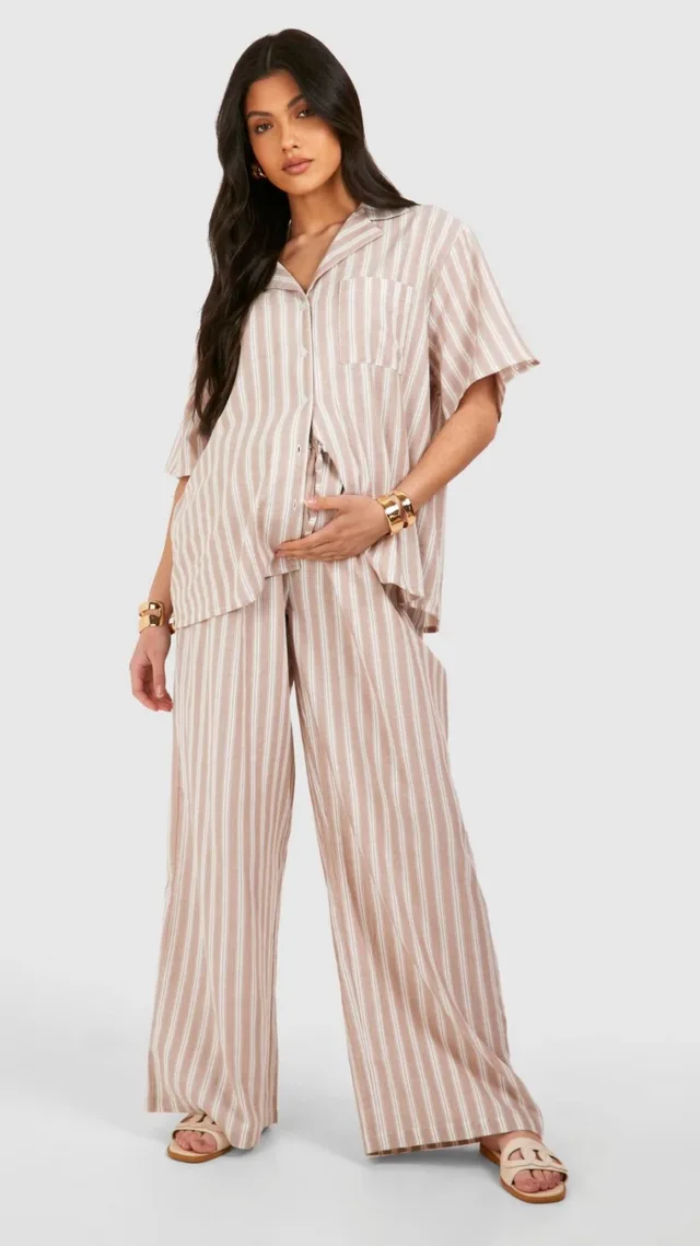 Stone Maternity Elasticated Waist Linen Stripe Wide Leg Pants