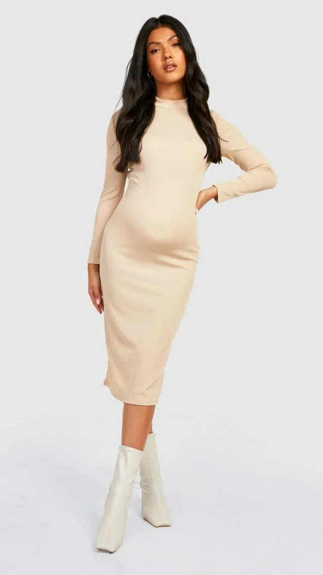 Stone Maternity Funnel Neck Midi Dress