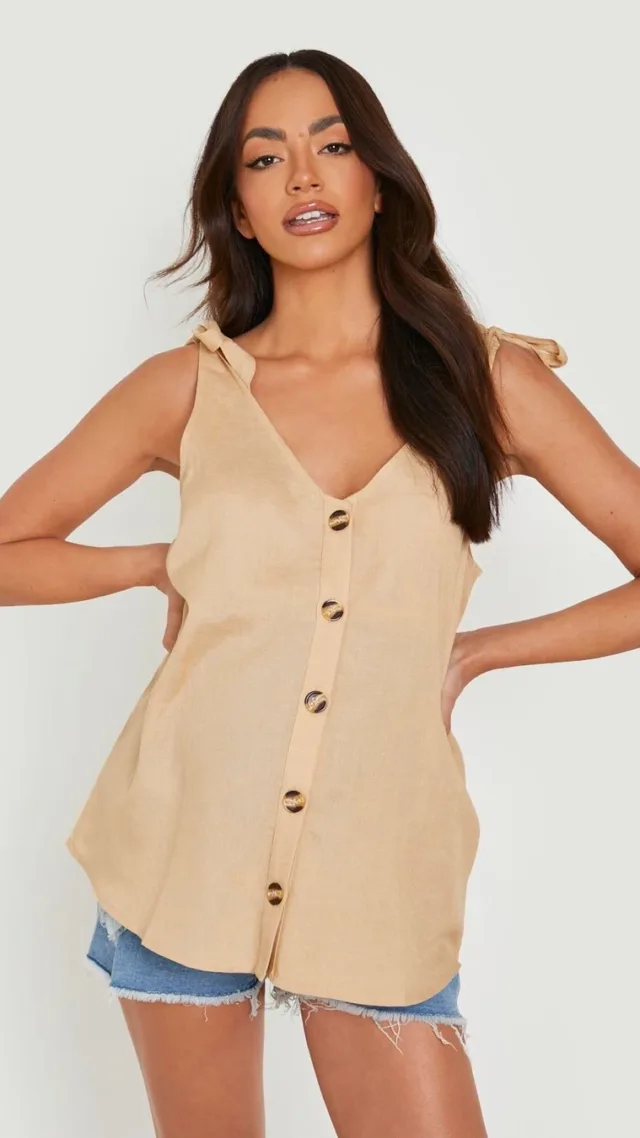 Stone Maternity Linen Button Tie Camisole