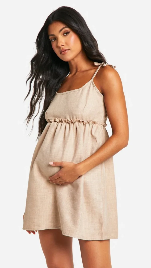 Stone Maternity Linen Look Strappy Mini Smock Dress