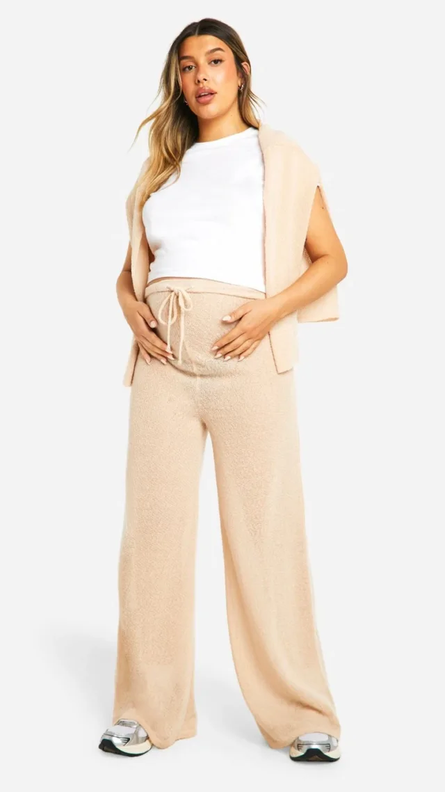 Stone Maternity Lounge Soft Textured Drawstring Wide Leg Trouser