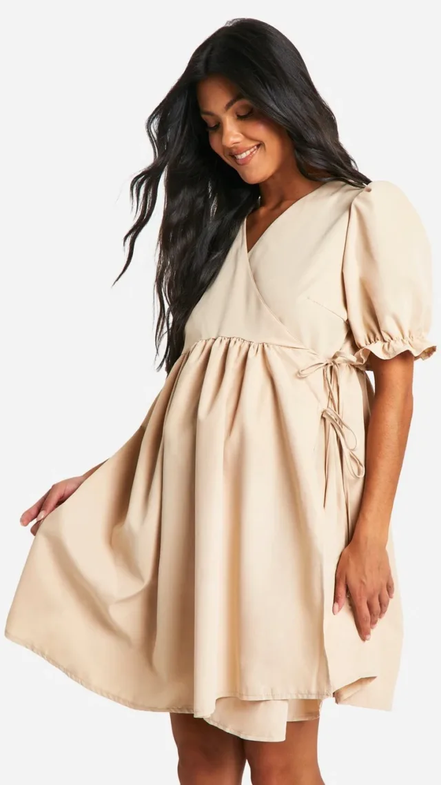 Stone Maternity Puff Sleeve Wrap Mini Smock Dress