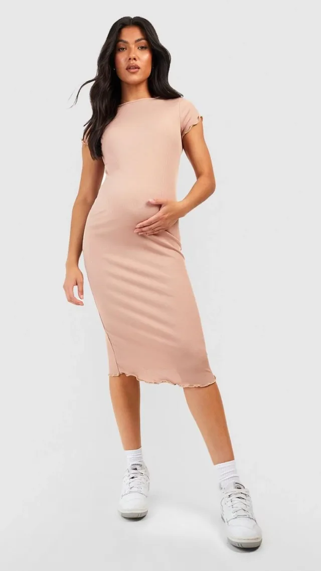 Stone Maternity Rib Lettuce Hem Midi Dress