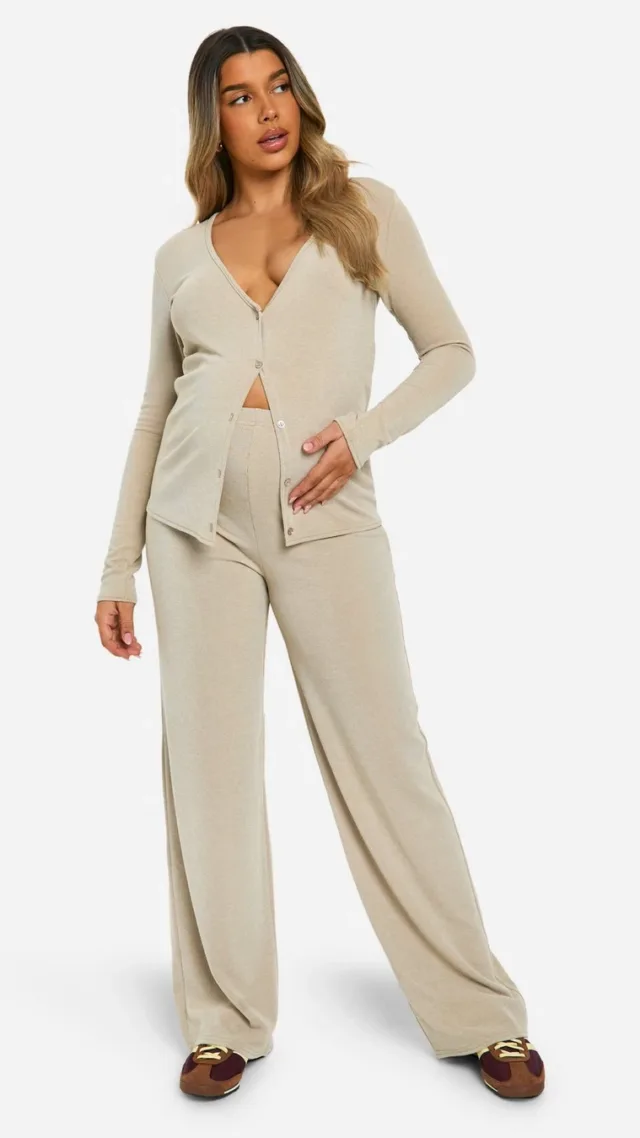 Stone Maternity Rib Wide Leg Trouser