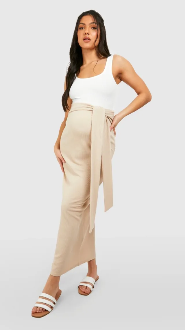 Stone Maternity Ripple Rib Belted Maxi Skirt