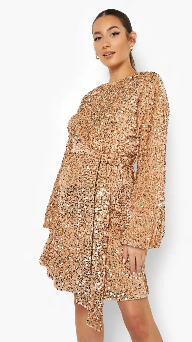 Stone Maternity Sequin Tie Waist Shift Dress