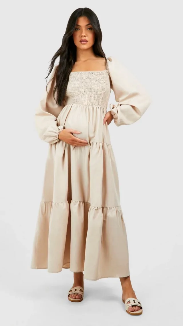 Stone Maternity Shirred Poplin Midi Dress