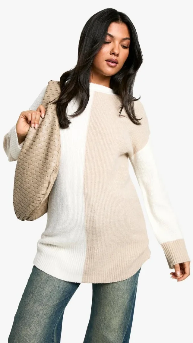 Stone Maternity Soft Knit Color Block Oversized Sweater