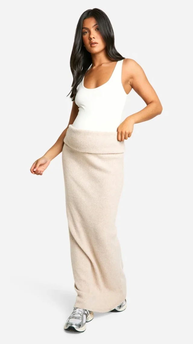 Stone Maternity Soft Rib Fold Over Waist Detail Maxi Skirt