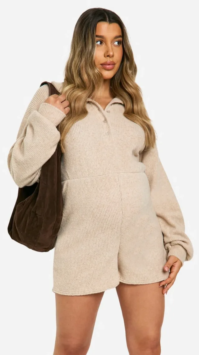 Stone Maternity Soft Rib Oversized Collar Button Detail Long Sleeve Playsuit