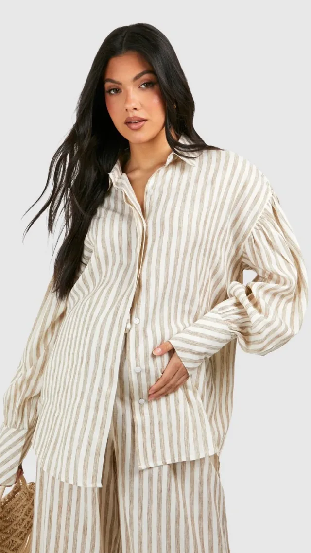 Stone Maternity Stripe Linen Look Oversized Shirt