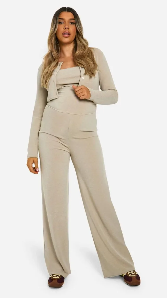 Stone Maternity Textured Rib Bandeau Ruched Top Wide Leg Jumpsuit & Cardigan Set