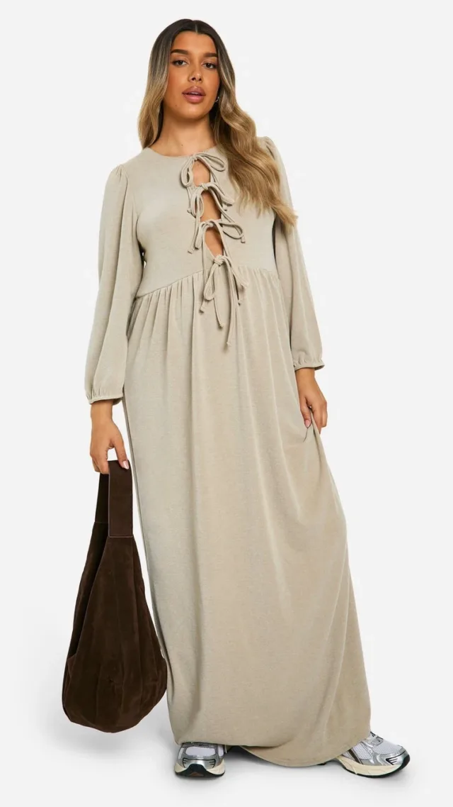 Stone Maternity Textured Rib Tie Front Smock Frill Hem Long Sleeve Maxi Dress