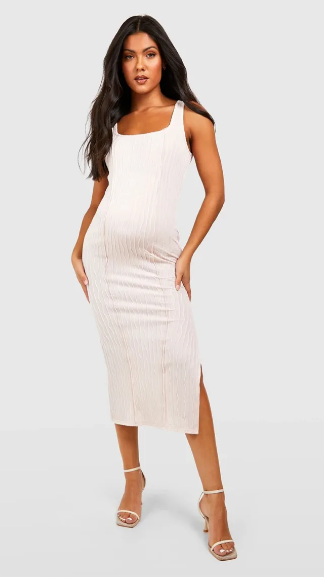 Stone Maternity Textured Square Neck Midi Dress