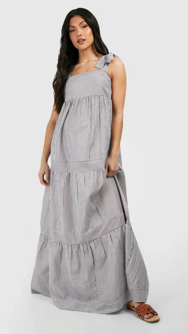 Stone Maternity Tie Shoulder Woven Stripe Maxi Dress