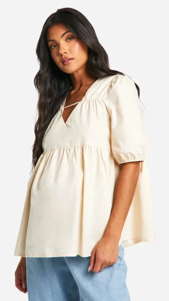 Stone Maternity V Neck Puff Sleeve Smock Top