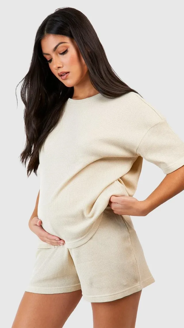 Stone Maternity Waffle Oversized T-Shirt & Short Lounge Set