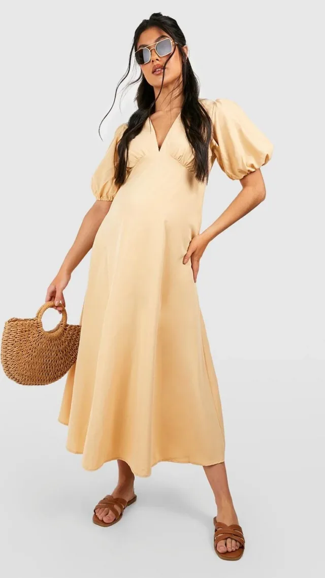 Stone Maternity Woven Puff Sleeve Midi Dress