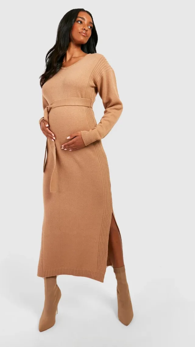 Taupe Maternity Knitted Split Midi Dress