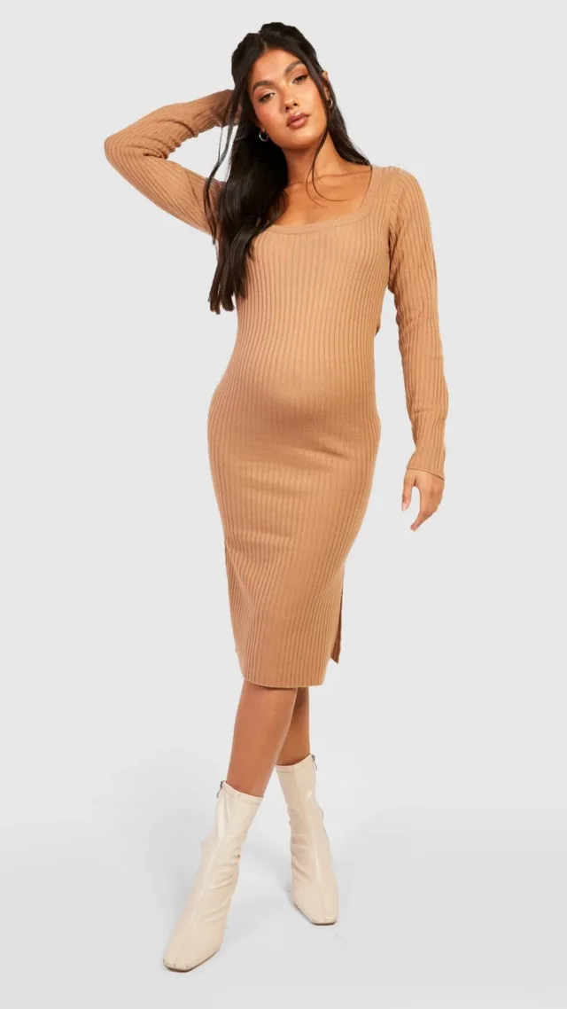 Taupe Maternity Split Knitted Midi Dress