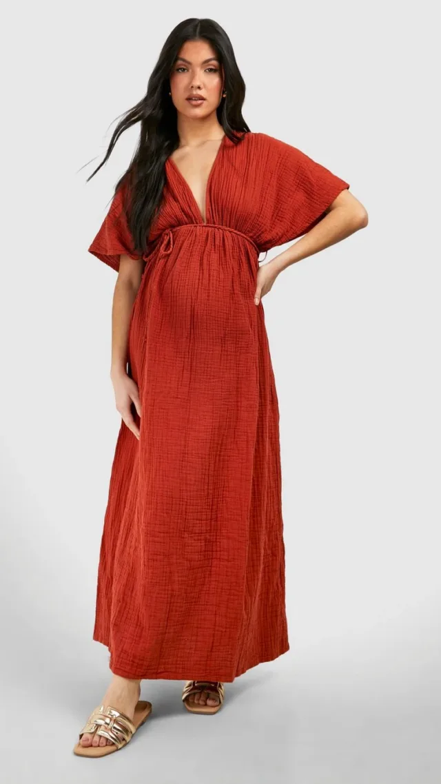 Terracotta Maternity Cheesecloth Belted Maxi Beach Dress