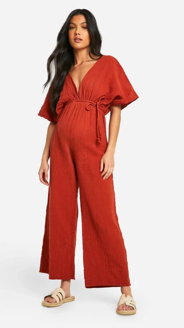 Terracotta Maternity Rope Belted Wide Leg Jumpsuit