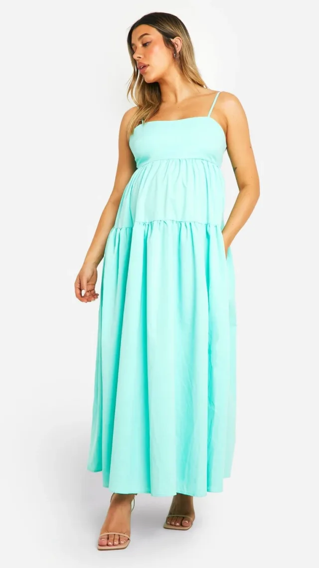 Turquoise Maternity Tiered Strappy Smock Midaxi Dress