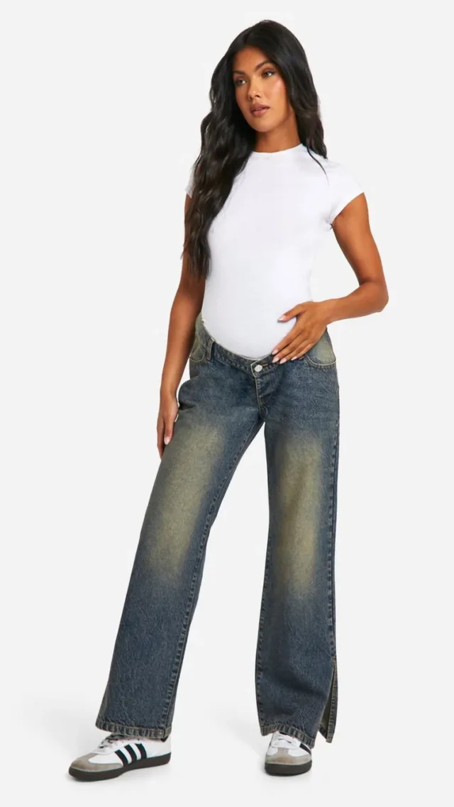 Vintage Wash Maternity Basic Split Hem Straight Leg Jeans