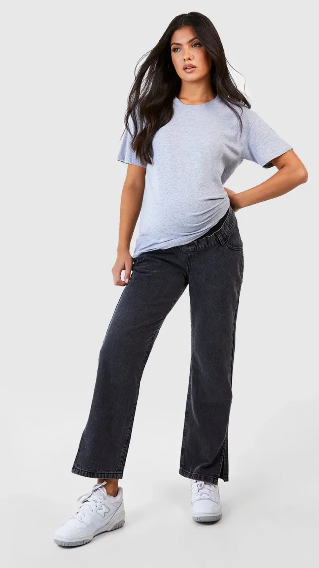 Washed Black Maternity Over Bump Split Straight Leg Jeans