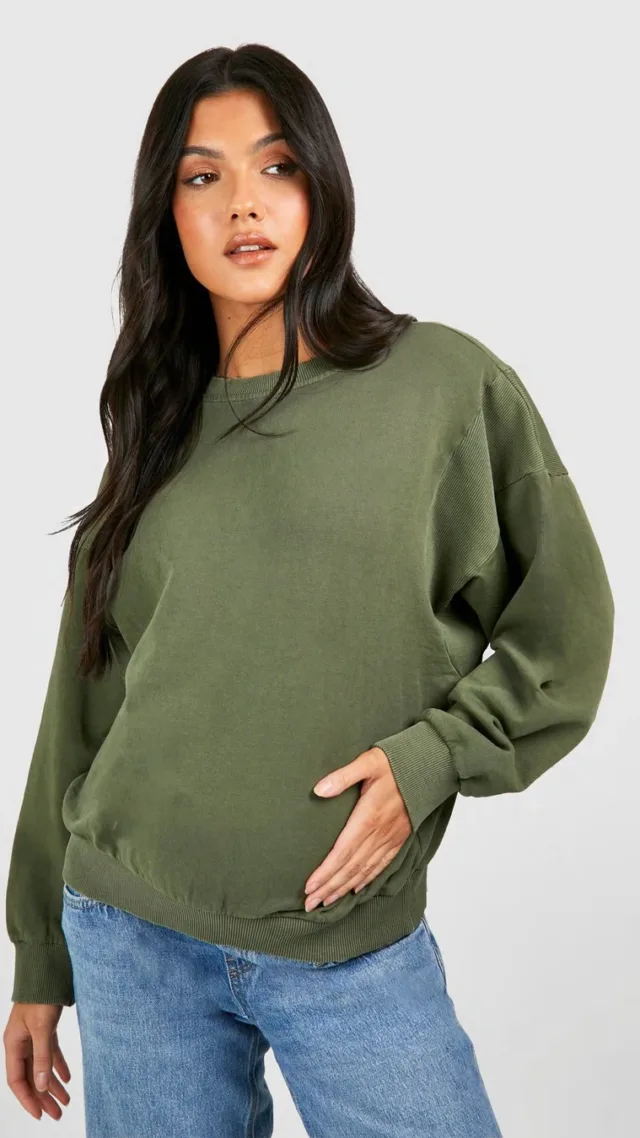 Washed Khaki Maternity Acid Wash Seam Sweatshirt