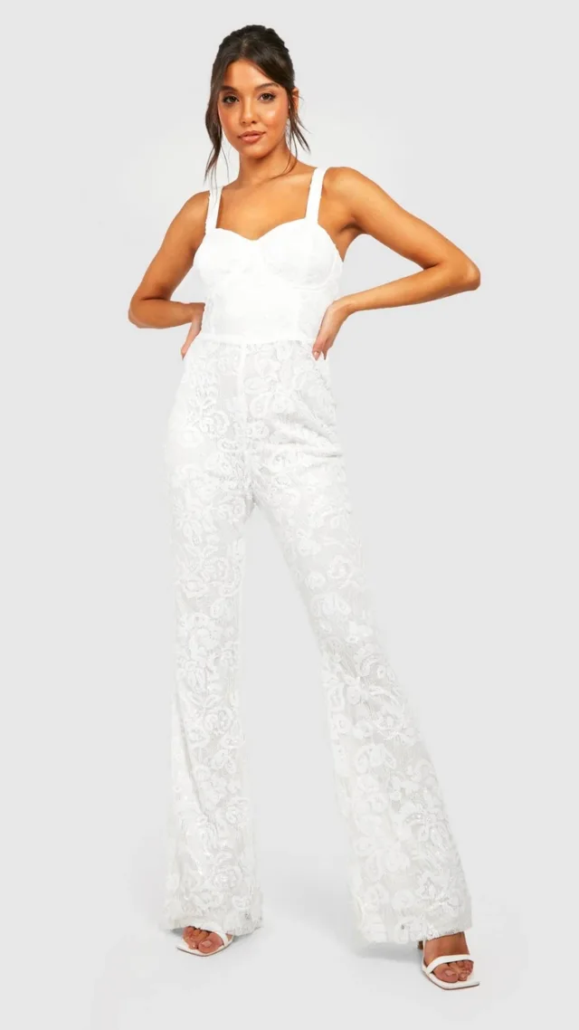 White Demask Corset Detail Jumpsuit