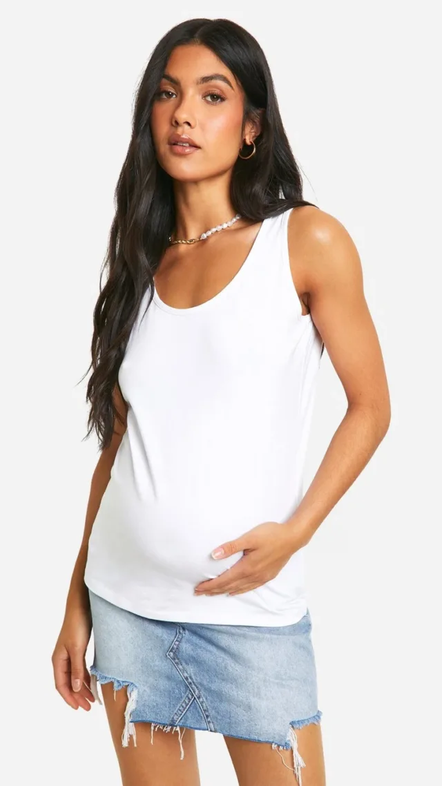 White Maternity Basic Scoop Neck Tank Top Top