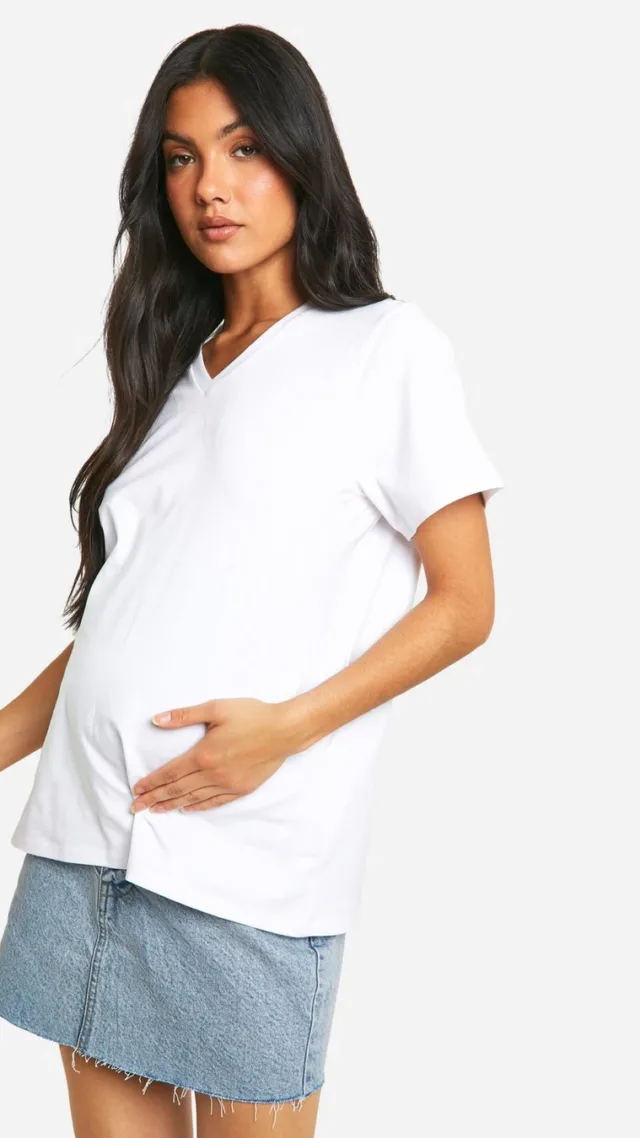 White Maternity Basic V-Neck T-Shirt