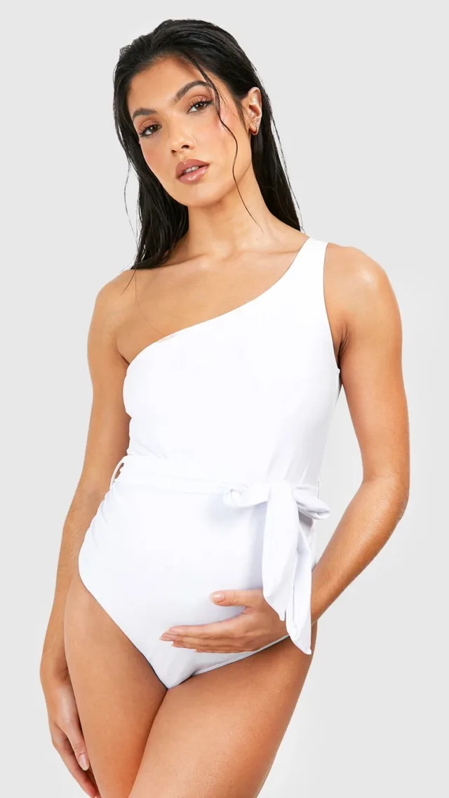 White Maternity Belted One Shoulder Swimsuit