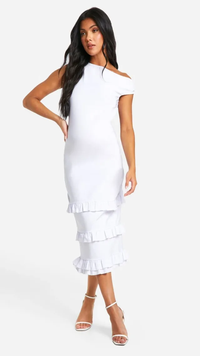 White Maternity Bengaline Asymmetric Frill Midi Dress