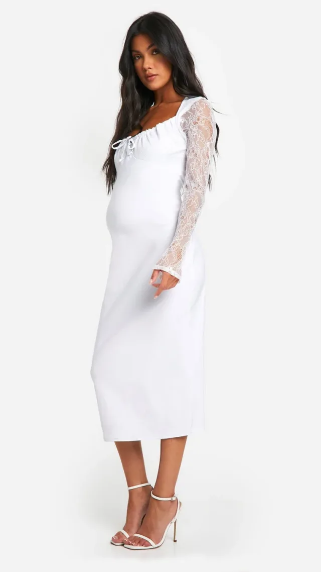 White Maternity Bengaline Lace Sleeve Midi Bodycon Dress