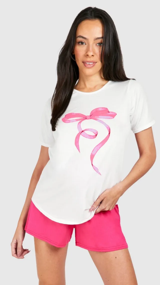 White Maternity Bow Graphic T-Shirt And Short Pajama Set