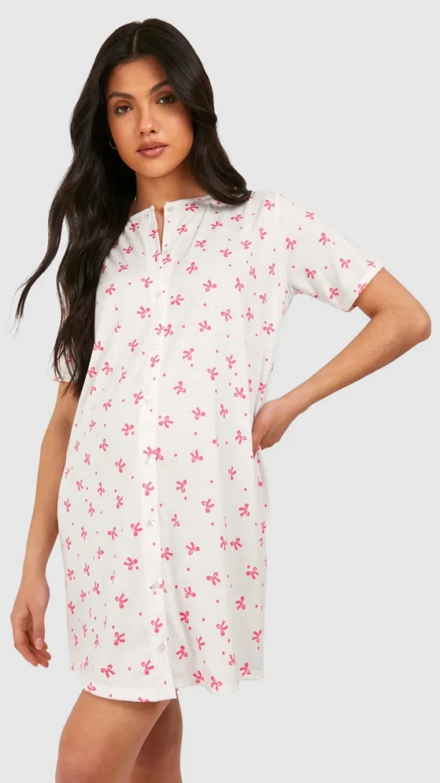 White Maternity Button Down Bow Print Nightgown