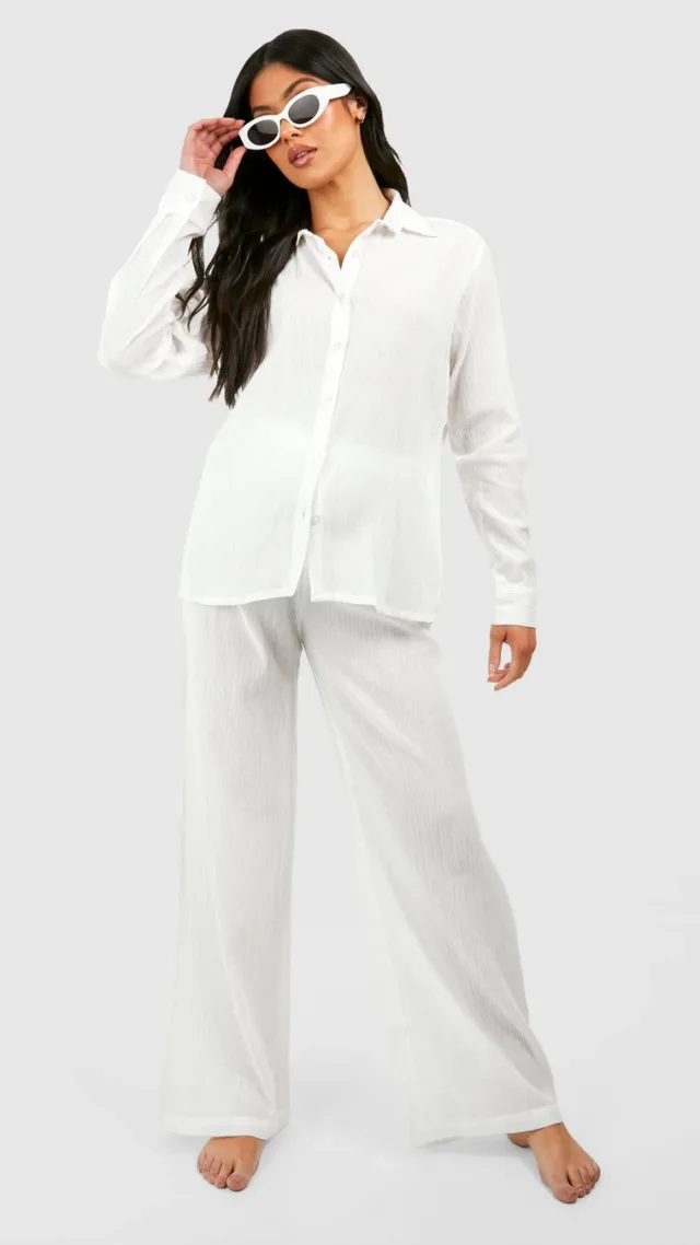 White Maternity Cheesecloth Beach Shirt And Pants Cover Up