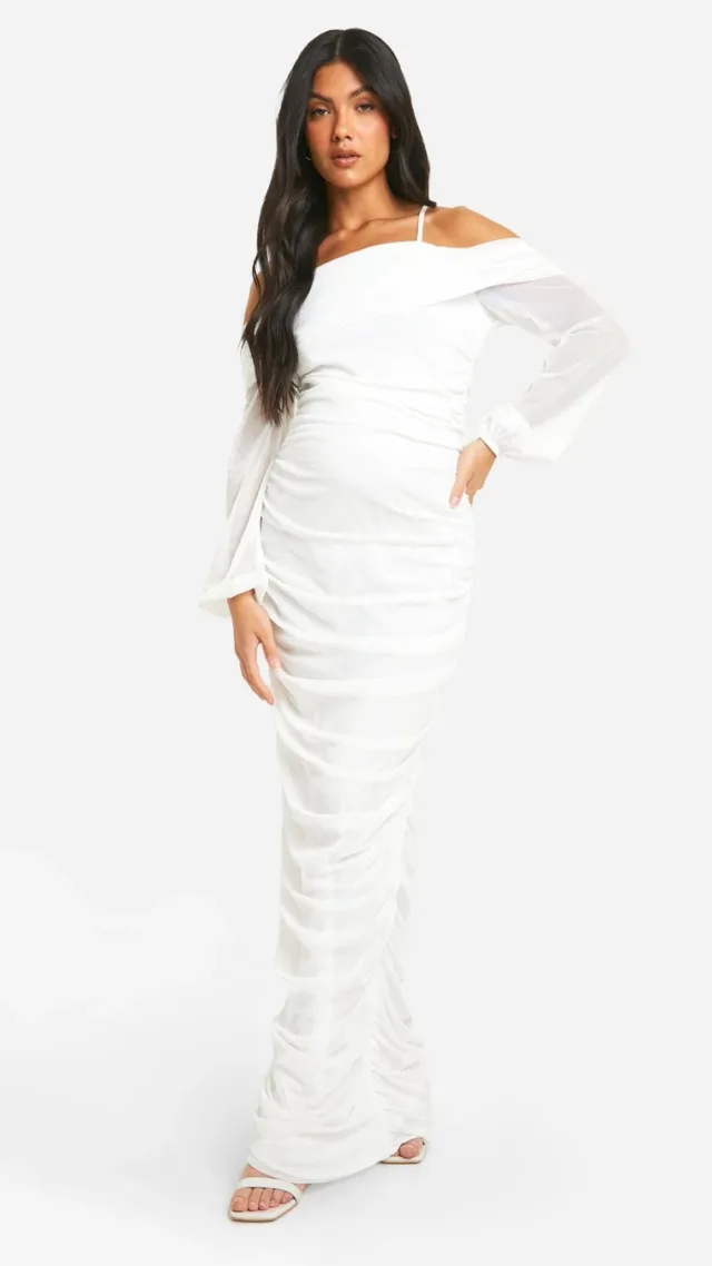 White Maternity Cold Shoulder Mesh Bodycon Maxi Dress