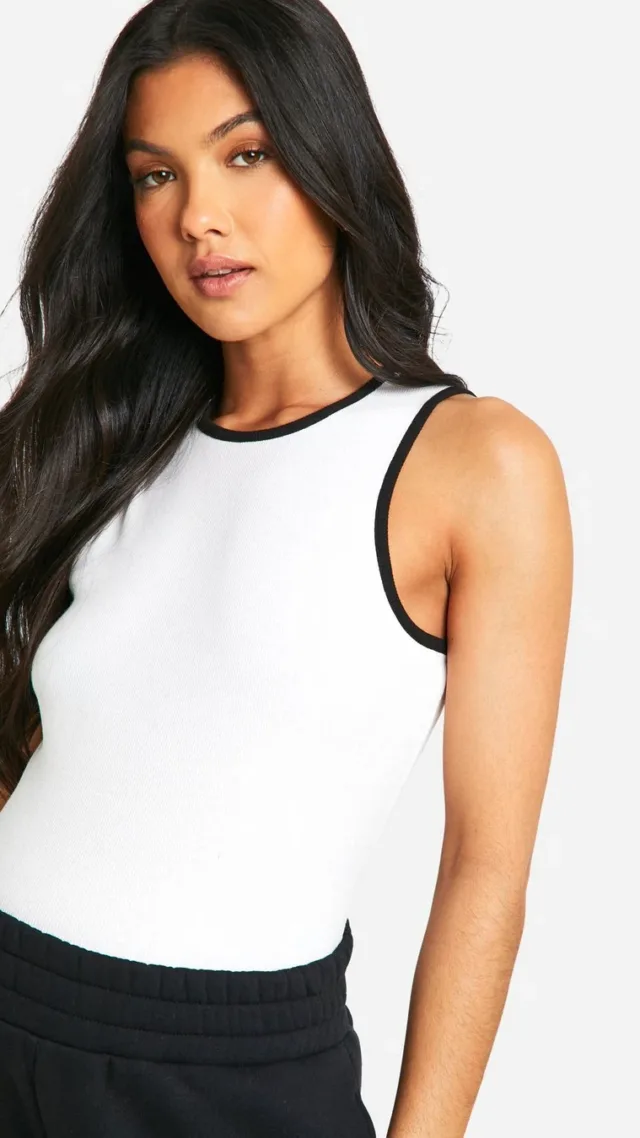 White Maternity Contrast Binding Rib Racer Neck Tank Top