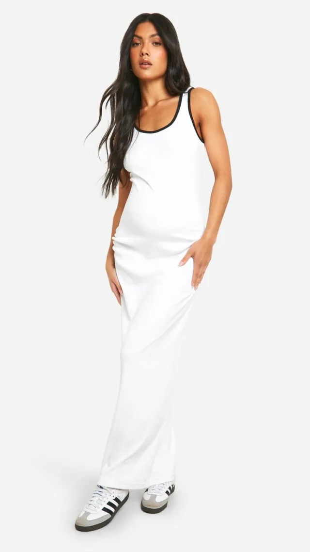 White Maternity Contrast Binding Scoop Neck Maxi Dress