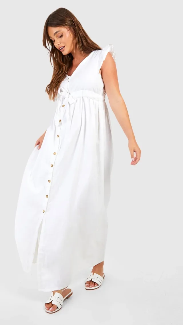 White Maternity Cotton Button Down Maxi Dress